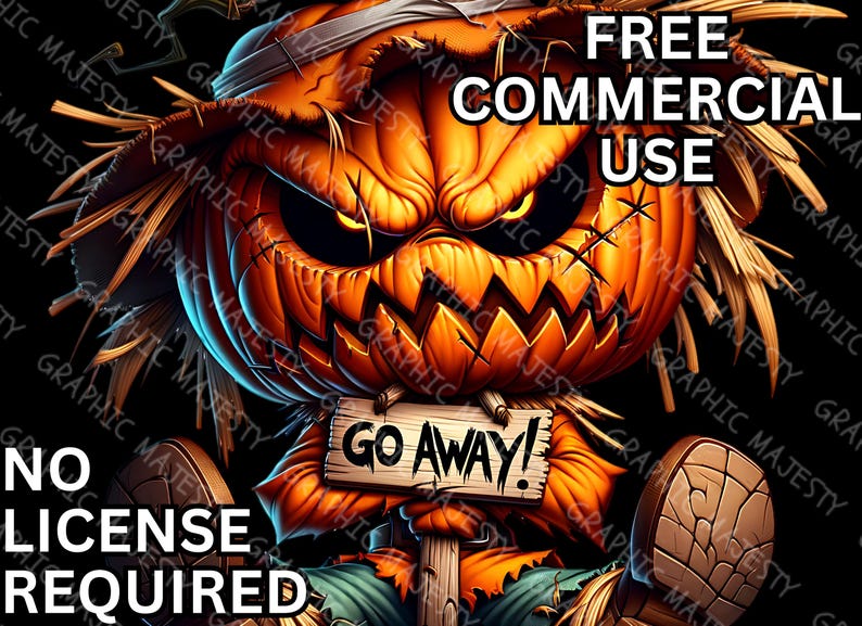 May include: A digital illustration of a scary pumpkin with a straw hat and a sign that says "Go Away!" The pumpkin has a menacing expression and is wearing a tattered brown hat. The background is black.