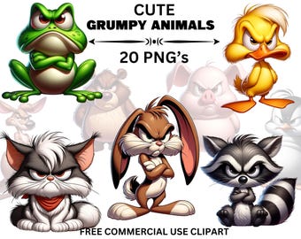 May include: A set of 20 digital illustrations of cute, grumpy animals. The animals include a frog, duck, pig, rabbit, cat, and raccoon. Each animal is depicted with a grumpy expression and is in a cartoon style. The illustrations are perfect for use in digital projects, such as websites, social media, and presentations.