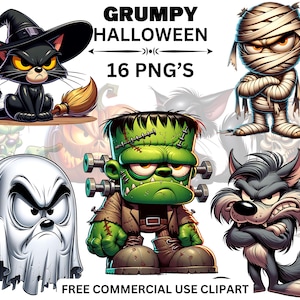 May include: A set of 16 digital illustrations featuring grumpy Halloween characters. The characters include a black cat, a mummy, a ghost, Frankenstein, and a werewolf. The illustrations are in a cartoon style and are perfect for use in digital projects.