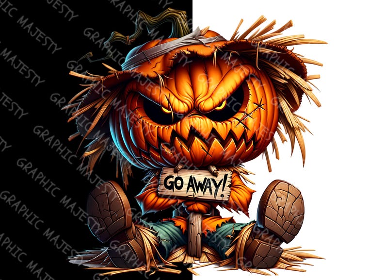 May include: A scary pumpkin scarecrow with a straw hat and a sign that says "Go Away!" The pumpkin is orange and has a menacing expression. The scarecrow is wearing a blue shirt and brown boots.
