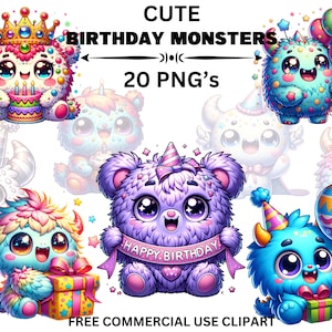 Birthday Monsters Clipart, Cute Celebration Monster PNG, Happy Birthday, Kids Party, Boys Birthday Cake, Baby Monster PNG, Commercial Use