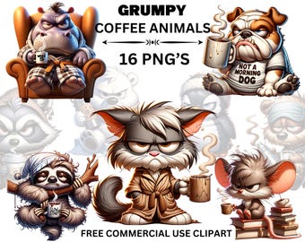 不機嫌そうなコーヒーアニマルのクリップアートセット：漫画風PNG画像（商用利用可）