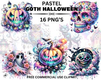 Watercolor Pastel Goth Halloween Clipart: 16 PNG Bundle (Commercial Use)