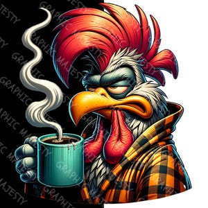 Grumpy Coffee Rooster Farm Animal Clipart, Cute Safari Animals PNG, Grumpy Forest Animals, Animal PNG, Commercial Use Cartoon Pet Print DTG