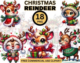 18 Christmas Reindeer Clipart Set, Watercolor PNG Graphics (Digital Download)