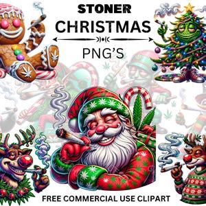 Pacote de clipart de stoner de Natal, 420 clipart de maconha PNG para fumar no feriado, arte engraçada de stoner 420, download digital, uso comercial gratuito