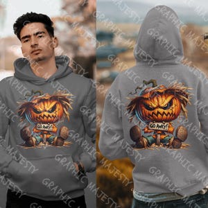 May include: A gray hoodie with a graphic of a pumpkin with a scary face and the text "Go Away!" printed on the front.