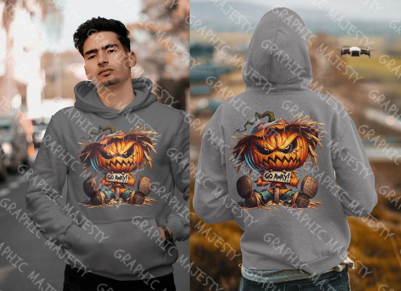 May include: A gray hoodie with a graphic of a pumpkin with a scary face and the text "Go Away!" printed on the front.