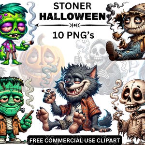Halloween Stoner Monsters, Horror Cartoon Art, Marijuana PNG Weed Clipart, Funny 420 Stoner Art, DTF Digital Download, Free Commercial Use