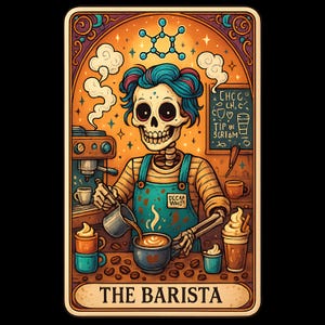 Carta de Tarô Barista com Impressão Digital PNG, Arte Digital de Esqueleto Barista, Presente para Amantes de Café, Impressão Engraçada de Carta de Tarô, Download Digital Exclusivo