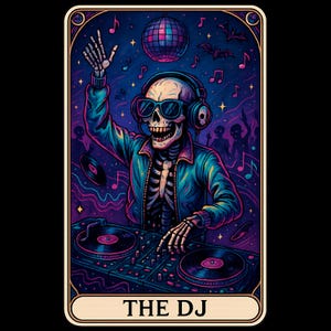 Die DJ Tarot Karte Digitale Kunst, Skelett DJ Druck, Discokugel Kunst, Einzigartiges Halloween Dekor, Musikliebhaber Geschenk, PNG Grafik Digital Download