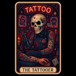 The Tattooer Digital Art Print, Skull Tattoo Artist, Tattoo Parlor Decor, Gothic Tattoo Design, Dark Aesthetic, Digital Download, Tattoo