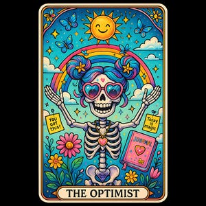 Art numérique de carte de tarot optimiste, illustration drôle d'arc-en-ciel de squelette, impression d'ondes positives, tête de mort mignonne avec des lunettes, art de planificateur, fichier PNG