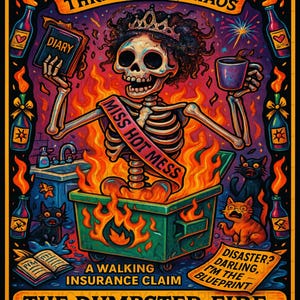 Carta de Tarô Digital Dumpster Fire para Download em PNG, Prosperando no Caos, Miss Hot Mess PNG, Arte de Reivindicação de Seguro a Pé, Carta de Tarô Engraçada
