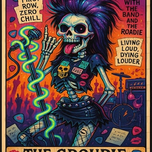 Fichier PNG en téléchargement numérique de carte de tarot groupie, squelette de roche PNG, carte de groupie de groupe, impression d'art punk rock, carte de tarot drôle