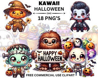 Kawaii Halloween Clipart, Spooky PNG Illustrations (Digital Download)