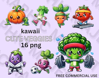 Kawaii Vegetable Clipart PNG Bundle, Healthy Food Art (Digital Download)