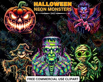 ネオンハロウィーンモンスタークリップアート：レトロで不気味なPNGバンドル（デジタルダウンロード）