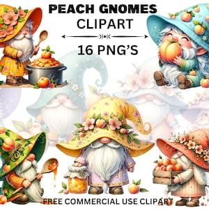 May include: A set of 16 digital clipart images featuring peach gnomes. The gnomes are wearing hats with peach accents and holding peaches or jars of jam. The images are perfect for crafting, scrapbooking, and other creative projects.