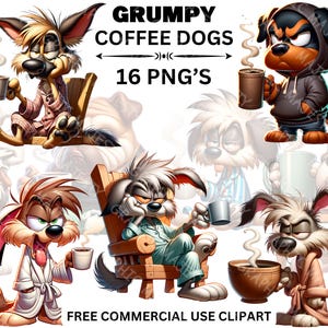 Grumpy Coffee Dog PNG Bundle, Cute Cartoon Pet Puppy PNG Design Files, Funny Animal PNG Design For Shirts, Commercial Use Instant Download