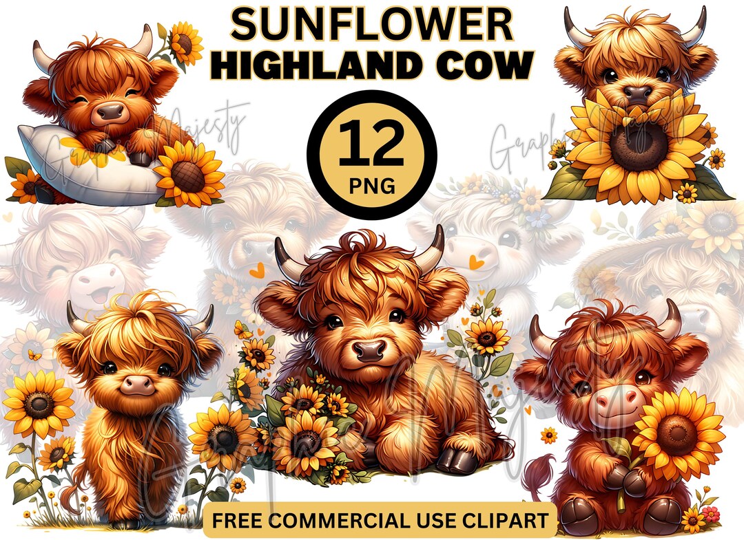 Highland Cow Sunflowers PNG Bundle: T-shirt Graphic, Clipart (digital ...