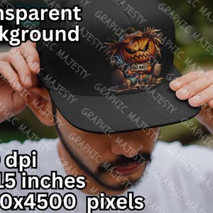 May include: A black baseball cap with a graphic of a scary pumpkin-faced scarecrow with the text "Go Away" on a white banner. The cap is 15 inches by 15 inches and has a resolution of 4500 pixels by 4500 pixels.