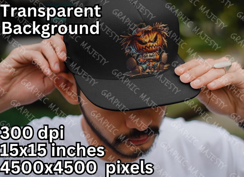 May include: A black baseball cap with a graphic of a scary pumpkin-faced scarecrow with the text "Go Away" on a white banner. The cap is 15 inches by 15 inches and has a resolution of 4500 pixels by 4500 pixels.