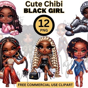 Cute Chibi Black Girl Png Bundle, Black Girl With Braids Clipart, Big Hair Afro Melanin Queen, Black Girl Magic Sublimation Digital Download