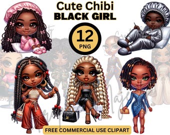 Chibi Black Girl PNG Bundle, Afro Melanin Clipart (Digital Download)