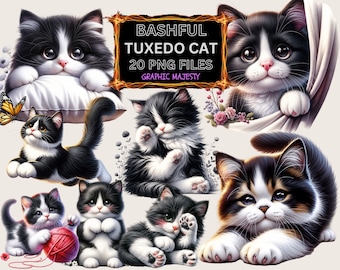 Tuxedo Cat Clipart | Bashful Kitten PNG, Commercial Use (Digital Download)