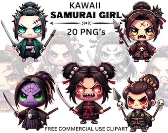 Kawaii Samurai Girl Clipart: Japanese Warrior PNG (Digital Download)