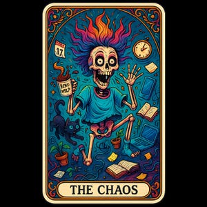 Gráfico PNG digital de la carta del Tarot del Caos, impresión artística de esqueleto divertido, descarga digital para trabajar desde casa, obra de arte de gato adorable, arte imprimible peculiar