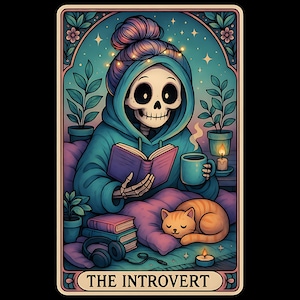 Impression numérique de carte de tarot introverti, art squelette confortable, cadeau pour amateur de livres, art téléchargeable pour Halloween, décoration chat mignon, impression squelette de lecture