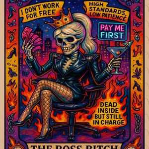 Carta dei Tarocchi Boss Bitch, Download Digitale in File PNG, Divertente Scheletro, Stampa Potenziante, Cartomanzia Sarcastica, Arte della Regina della Morte
