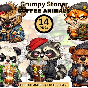 Peut inclure: Illustrations numériques d'animaux grincheux, dont une hyène, un renard, un panda, un raton laveur et un ours, chacun tenant du café. L'image comprend le texte "Grumpy Stoner Coffee Animals" et "14 PNG". La phrase "Free Commercial Use Clipart" est également présente.