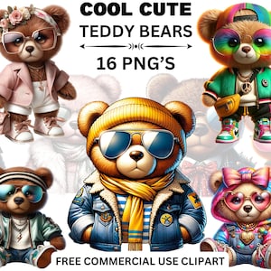 クールでかわいいクマ PNG 16 昇華シャツ パーカー デザイン デジタル ダウンロード バースデー クリップアート、カラフルなヒップホップ テディベア 透明背景