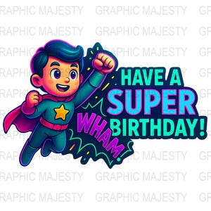 Feliz Aniversário, Super-herói PNG, Sublimação DTG, Design Gráfico de Aniversário de Menino, Ilustração de Celebração da Alegria, Download Digital, Uso Comercial