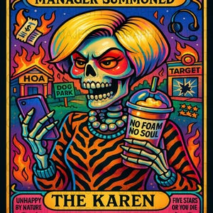Carta de Tarô Karen Digital para Download PNG, Arte Engraçada de Carta de Tarô, Tarô de Invocação de Gerente, Tarô de Halloween, Arte Digital Inovadora