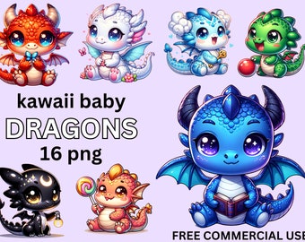 Clipart di draghi kawaii: 16 immagini PNG fantasy (download digitale)