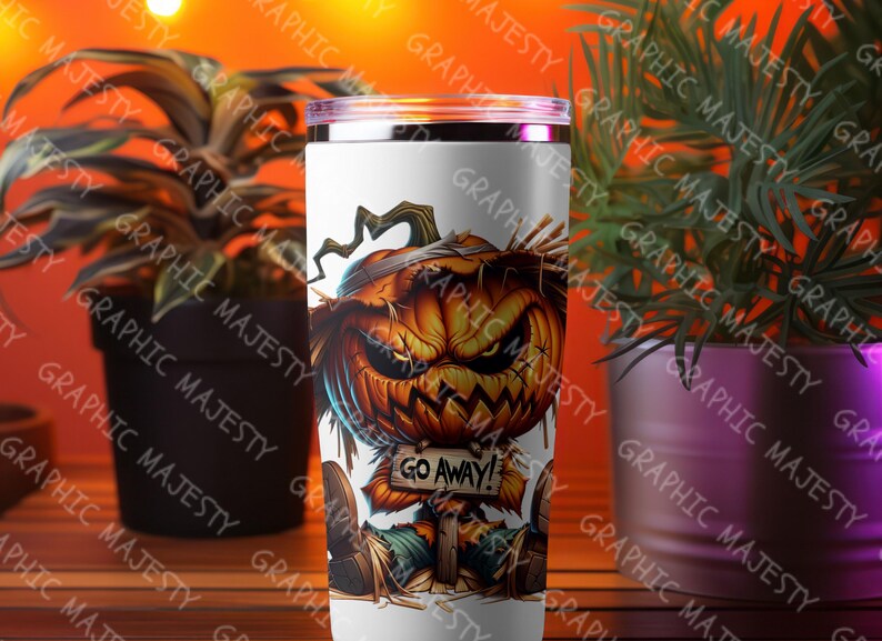 May include: A white stainless steel tumbler with a graphic of a pumpkin-headed scarecrow with the text "Go Away!" printed on it.