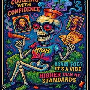 Descarga digital de la carta del tarot "Fotón de marihuana" en formato PNG, esqueleto colocado, lámina artística sobre marihuana, idea de regalo para fumetas, arte mural único, tarjeta divertida