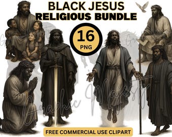 Op de afbeelding: Een digitale kunstbundel met 16 PNG-afbeeldingen met daarop de Zwarte Jezus in verschillende poses en omgevingen. De afbeeldingen zijn in een religieuze stijl en zijn gratis te gebruiken voor commerciële doeleinden.