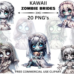 Kawaii Zombie Bride Clipart Cute Zombie PNG Chibi Kawaii Undead Girl Zombie Commercial Use Print On Demand Scary Zombie Digital Download