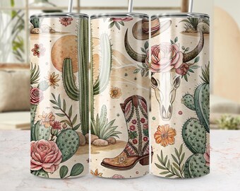Western Floral Skull Tumbler Wrap, Cowboy Boot, Cactus (PNG)