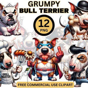 Grumpy Bull Dog Terrier Clipart Bundle, Cute Angry Pitbull Clipart, Dog Lover T Shirt Graphics, Animal PNG, Commercial Use Cartoon Pet Print