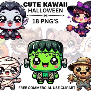 Lindo paquete de imágenes prediseñadas de dibujos animados de Halloween espeluznantes, pegatinas de calabaza, adorables gráficos de brujas, PNG de zombis inquietantes, momia kawaii, uso comercial