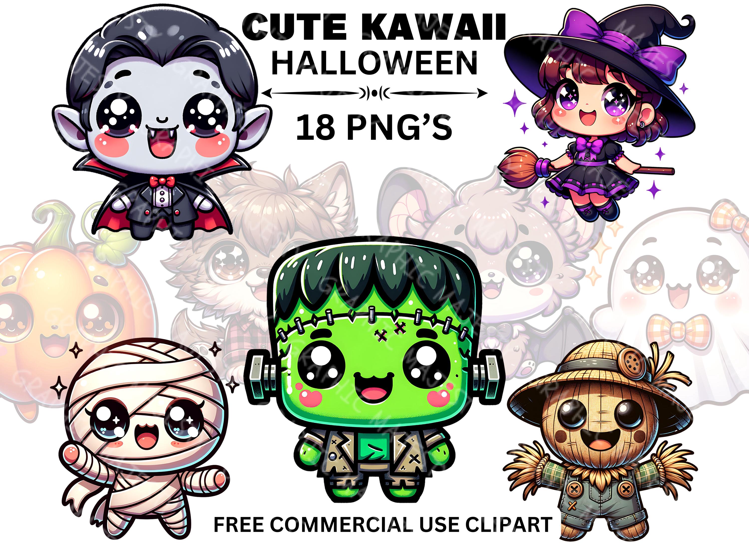 Kawaii Halloween Clipart Bundle, Spooky Cartoon PNG Graphics ...