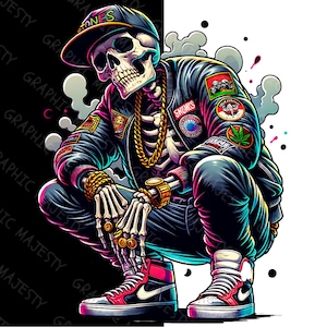 Urban Gangster Skeleton PNG, Trendy Hip Hop Sublimation Design, Streetwear Skull Shirt, Hoodie and T Shirt DTF, 420 Stoner, Instant Download