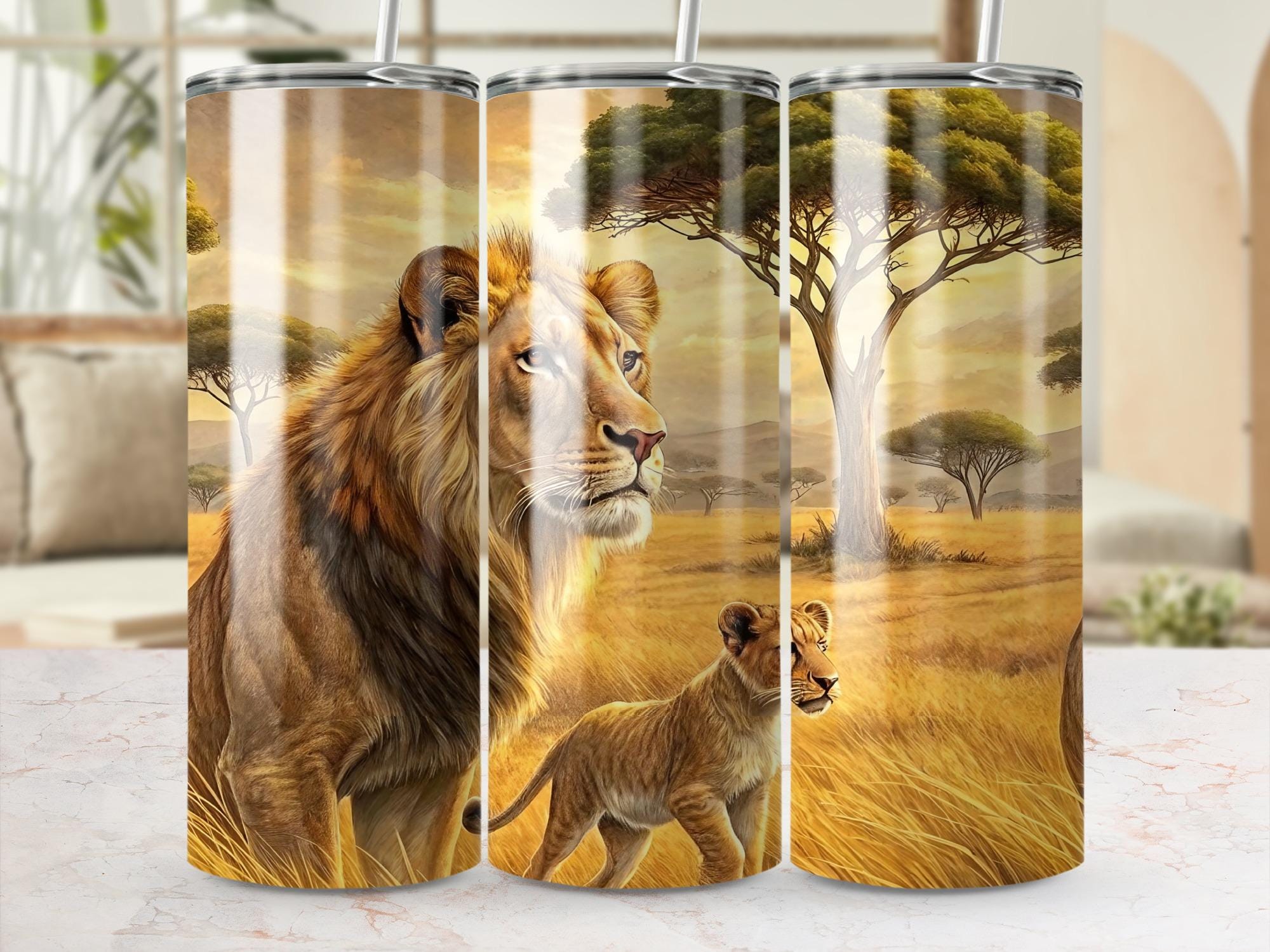 Lion Family PNG Tumbler Wrap, African Safari Animals Digital Design, Wildlife Tumbler Template, Father Lion Cub, Customizable Tumbler File