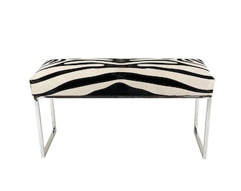 Stencil Zebra Cowhide Upholstered Bench – Handmade in Texas with Chrome Metal Base